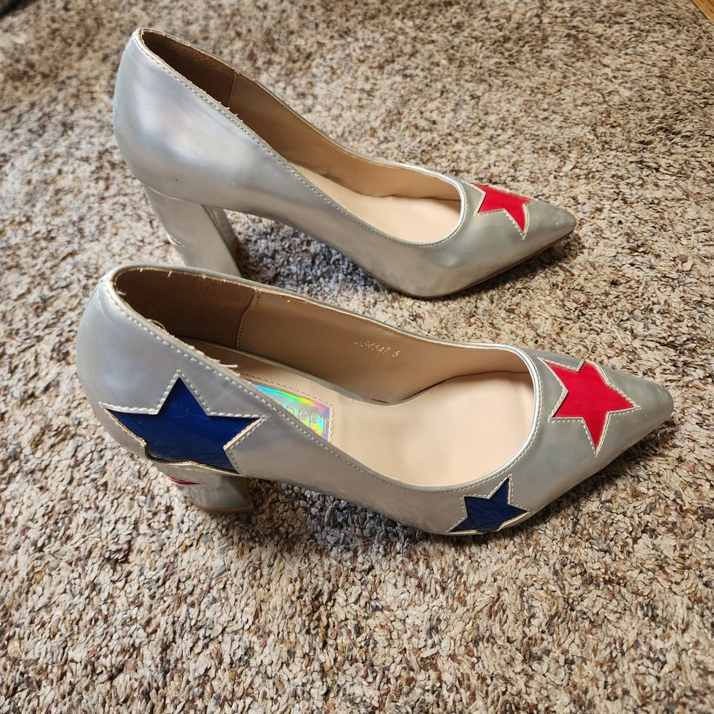 Daisy Street Silver Metallic Star Block Heel Pointed Toe Pumps NWOT US7 UK5 - Picture 2 of 7